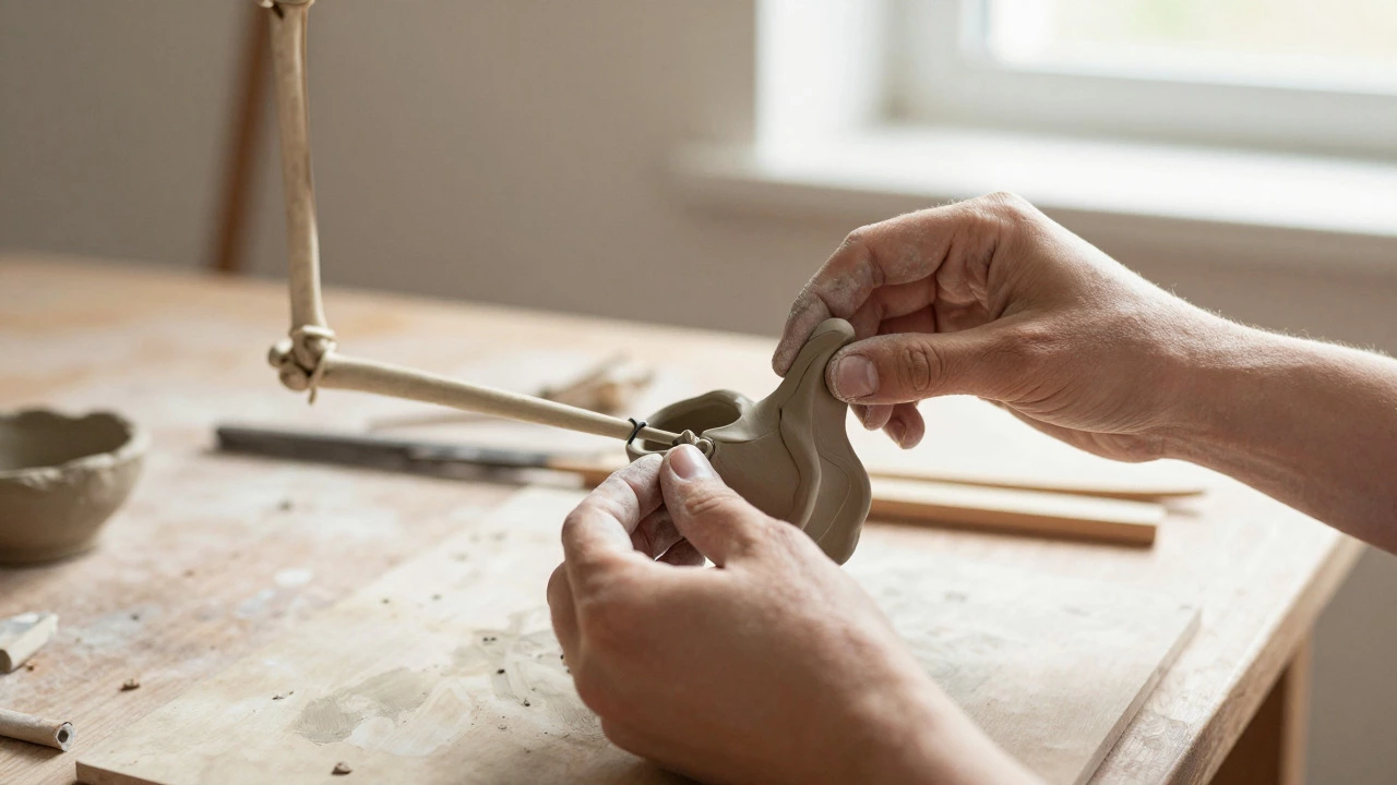 Artist shaping clay over a wire armature in bright studio light