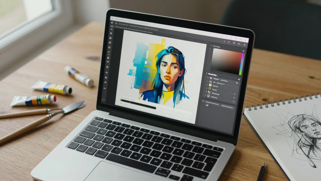 Artist workspace with laptop showing AI art generation interface