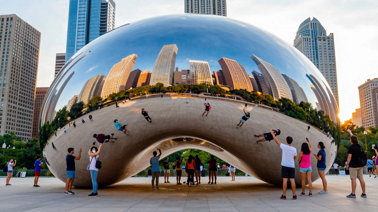 Cloud Gate sculpture reflecting Chicago skyline and visitors at sunset