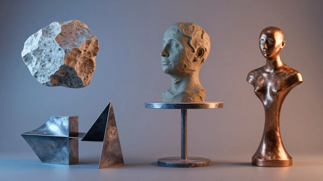 Collage of carved stone, clay, welded metal, and bronze art