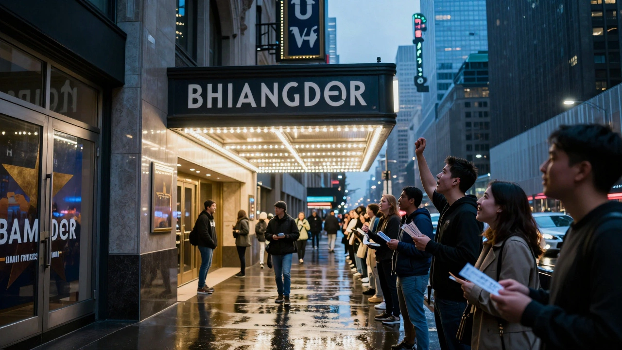 Crowd waiting outside a glowing Broadway theater at night