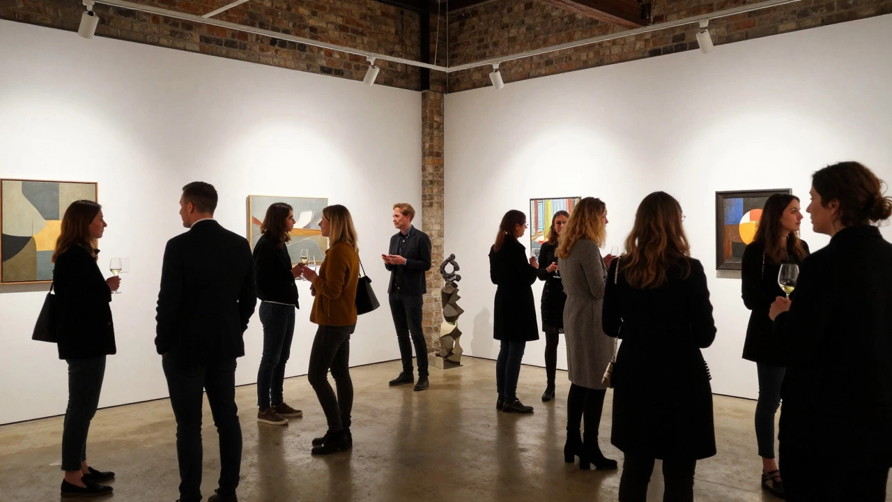 Crowded gallery opening with artists and collectors