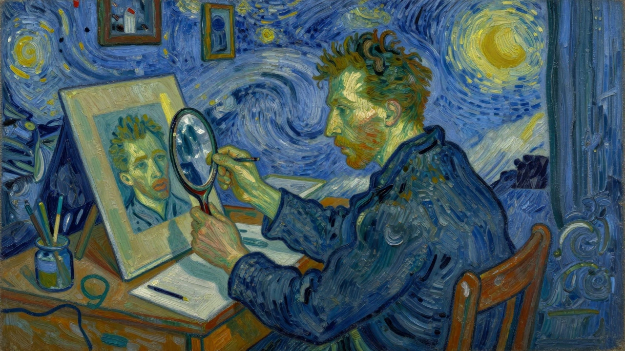 Expressionist painter examining self in mirror amidst swirling colors