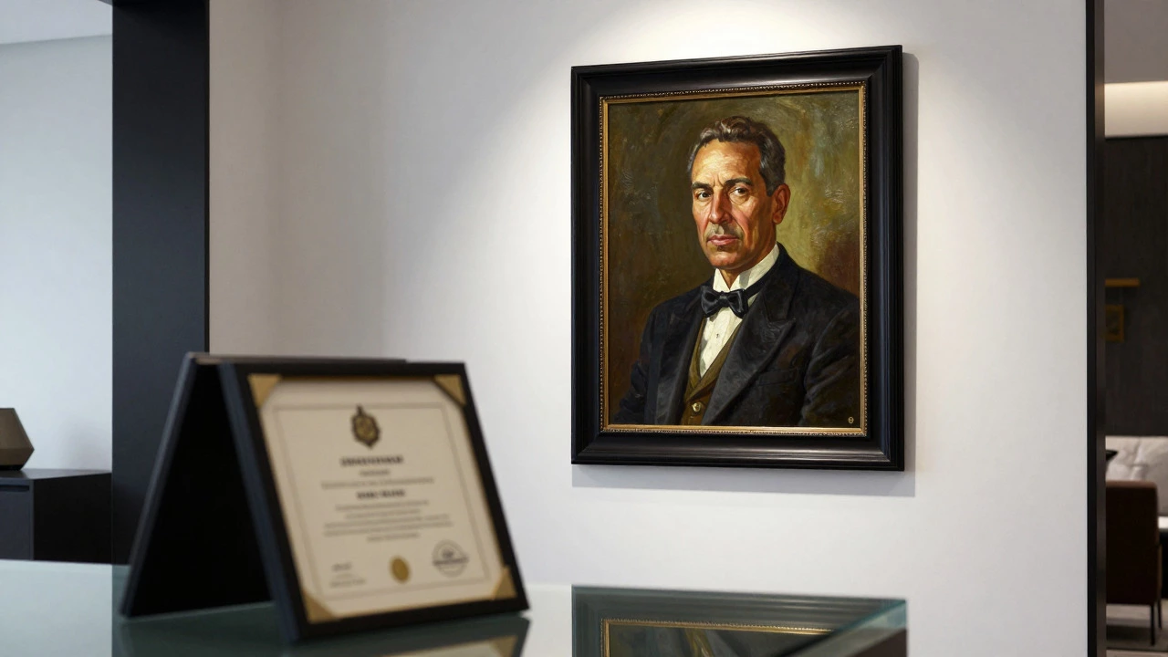 Framed portrait on a gallery wall with a certificate of authenticity in the foreground.