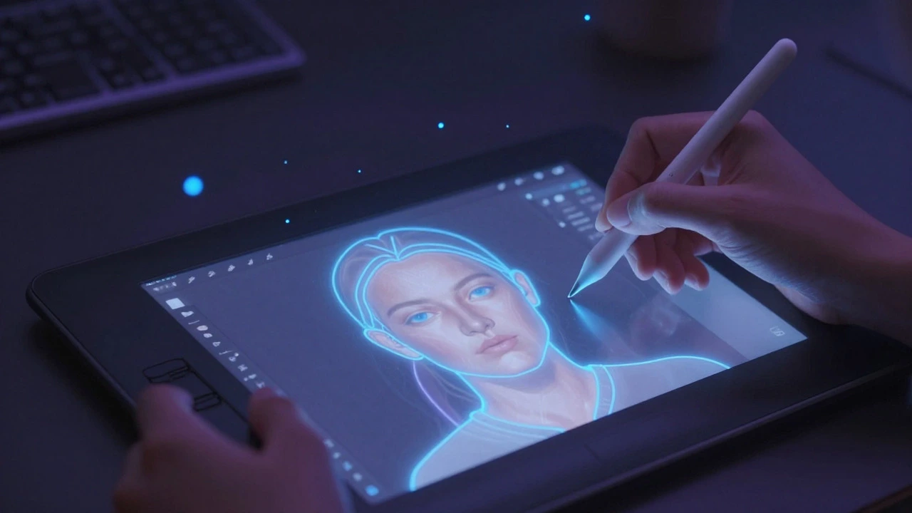 Hand using stylus on tablet to refine a digital portrait
