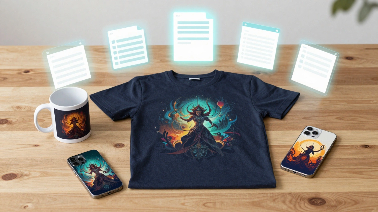 Merchandise like mugs and shirts with custom art designs alongside digital file icons