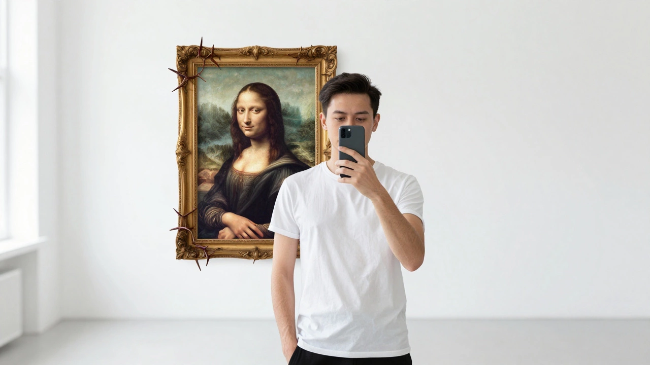 Modern artist taking selfie with classical portrait overlays