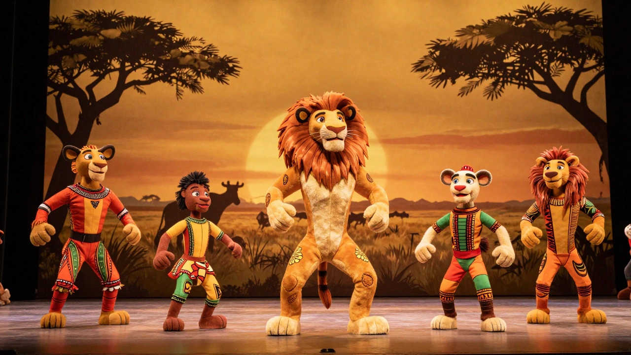 Performers in colorful animal puppets dancing in The Lion King musical