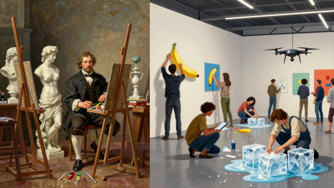 Split view contrasting traditional painting tools with modern conceptual art materials.