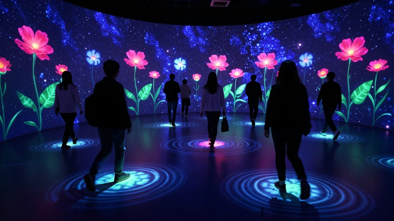 Visitors interacting with glowing digital flowers in an immersive art installation.