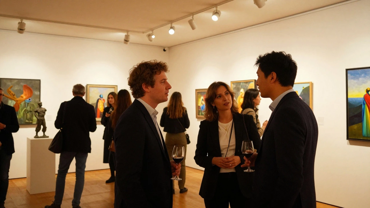 Artist networking with curators at a lively gallery opening event.