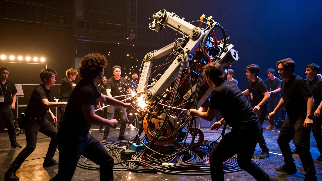 Backstage crew fixing tangled rigging during a chaotic production