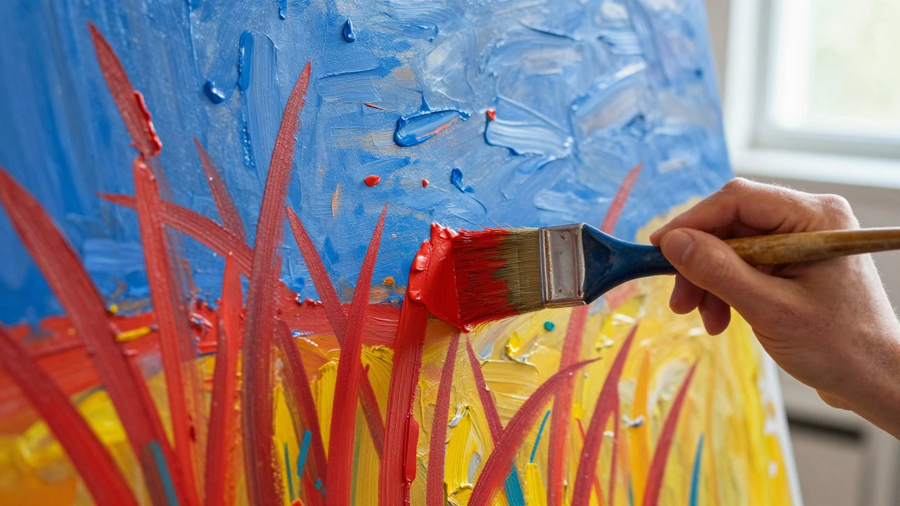 Close-up of an artist applying thick, vibrant, non-naturalistic paint to a canvas
