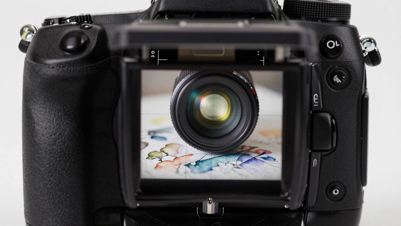 Close-up of camera lens and level ensuring parallel alignment with artwork