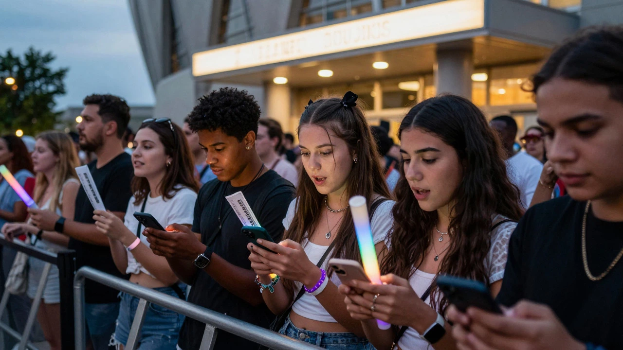 Excited music fans waiting in line outside a modern arena entrance at dusk holding tickets