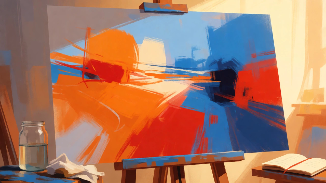 Finished abstract painting with balanced colors on an easel