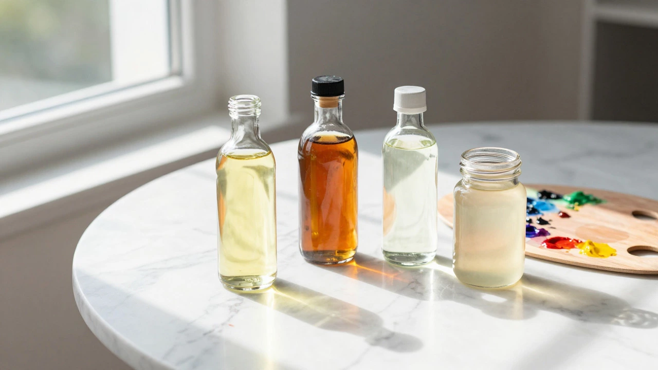 Four bottles of different oil painting mediums displayed on a white table