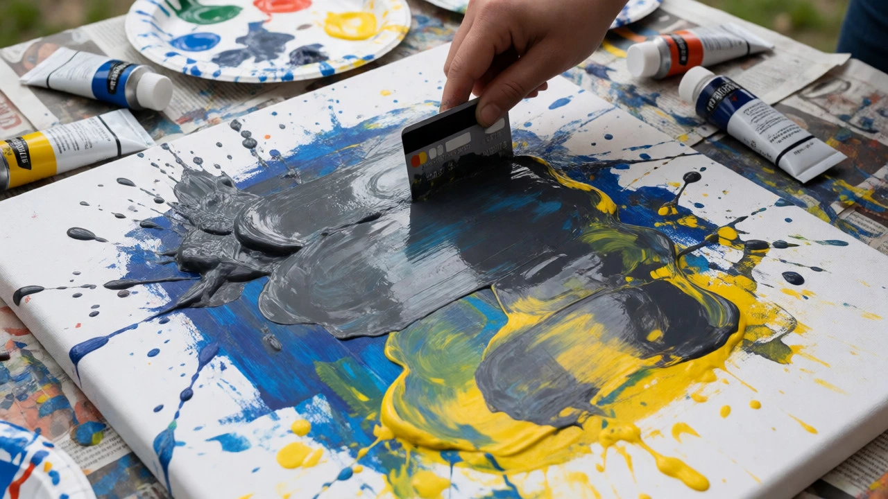 Hand scraping wet acrylic paint with a credit card to reveal layers