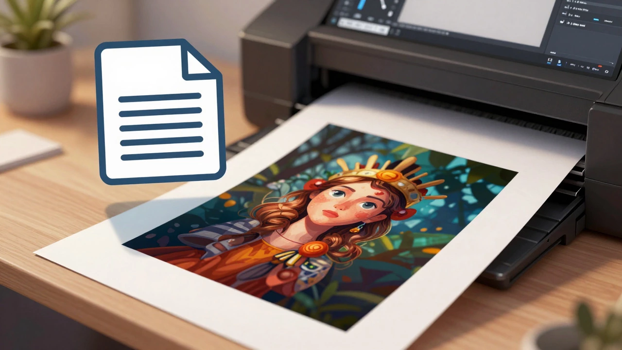 High-quality art print emerging from a printer next to the original source image