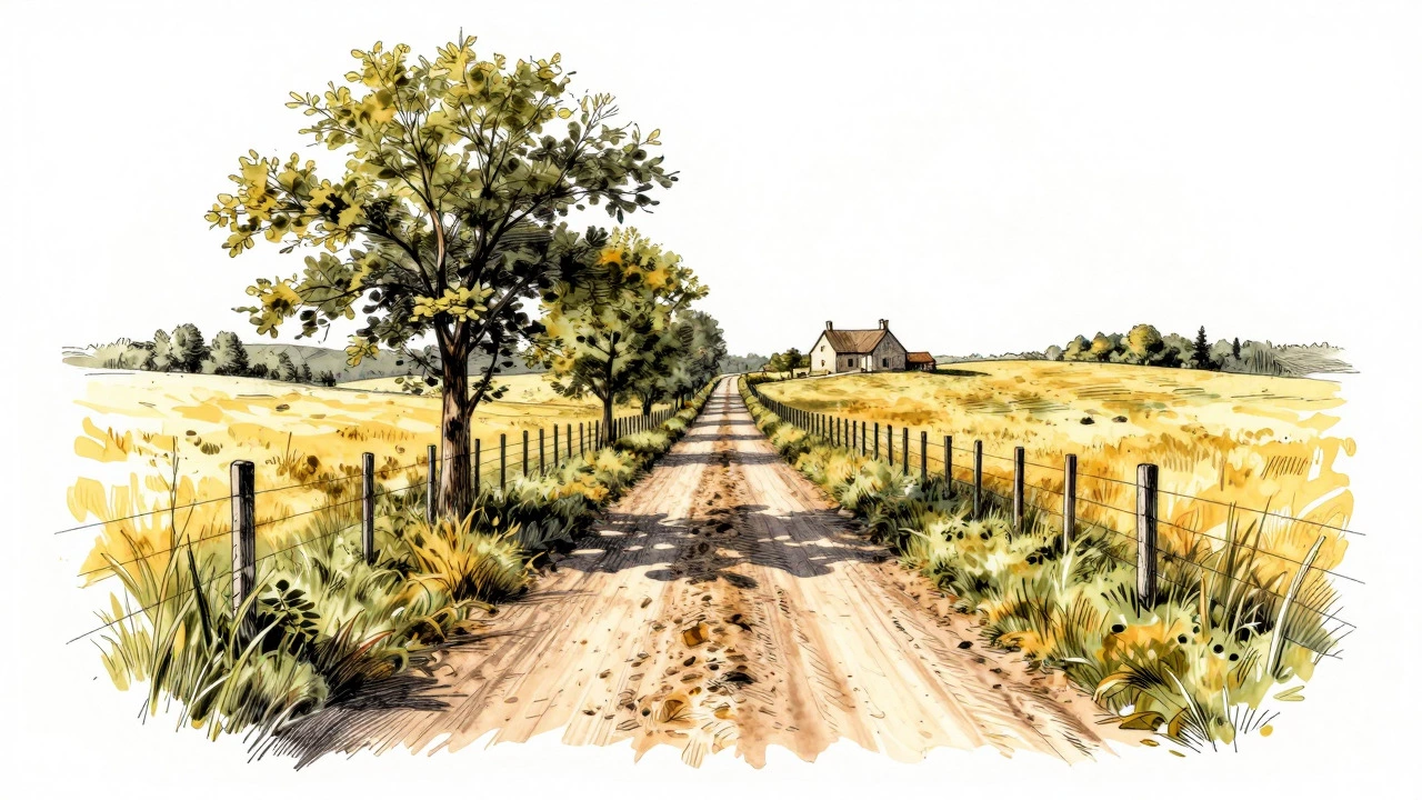 Landscape drawing demonstrating linear perspective, leading lines, and focal point