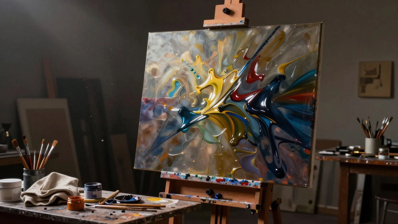 Large oil painting on an easel showing contrast between matte and glossy areas
