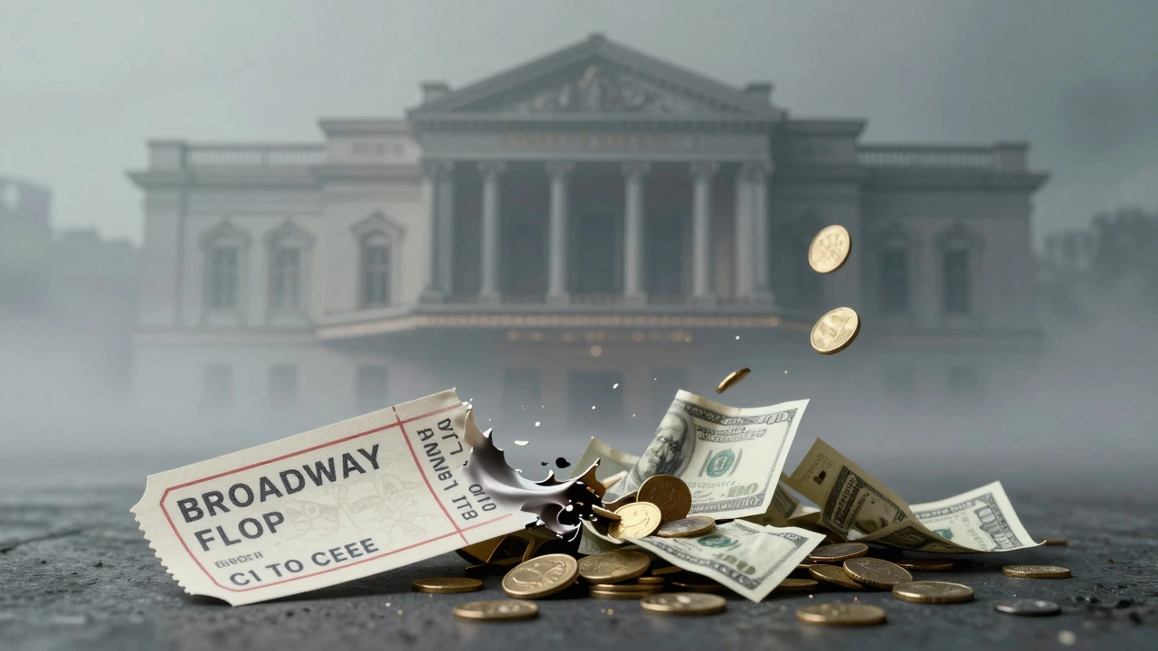 Melting theater ticket dissolving into cash near a ghostly theater