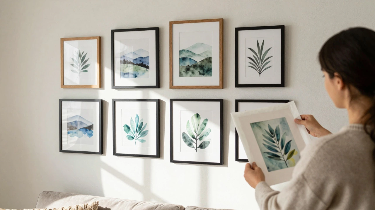 Person hanging a new framed art print in a stylish living room gallery wall