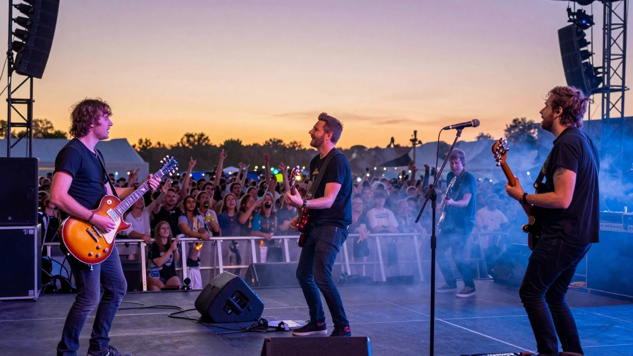 Rock band performing on an outdoor festival stage at sunset with an energetic crowd