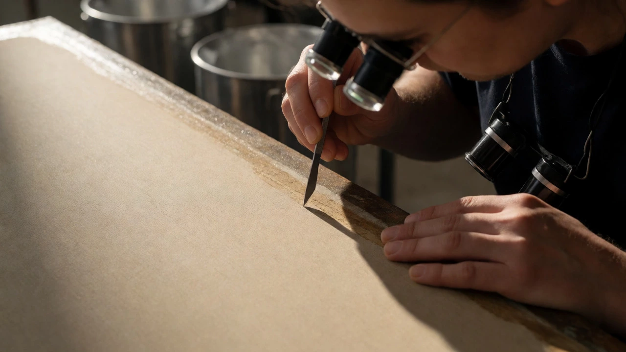 Scalpel carefully removing paint layers from a canvas edge