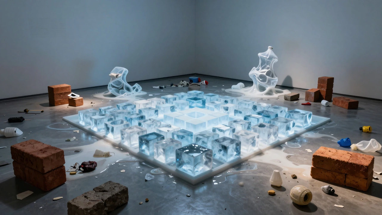 Surreal installation with melting ice and everyday objects