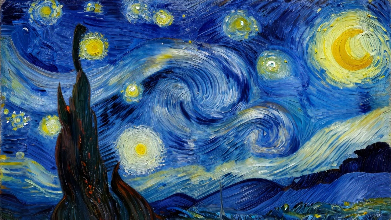 Swirling blue sky with radiant yellow stars from The Starry Night painting.