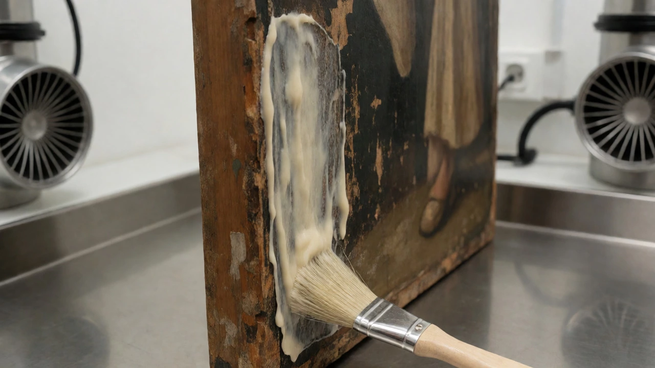 Thick gel stripper applied to a wooden panel painting surface
