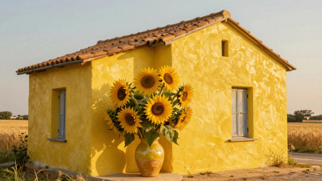 Van Gogh's Yellow House in Arles bathed in bright sunlight with sunflowers.