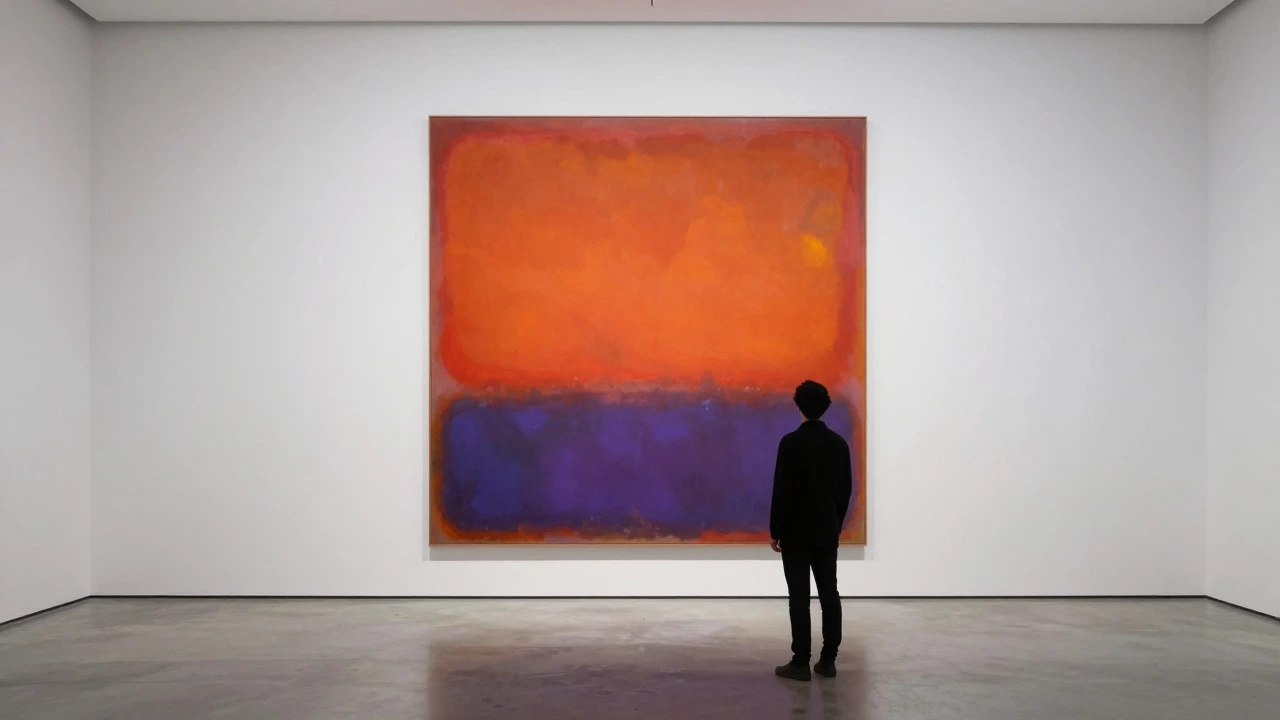 Viewer standing before a large abstract color-field painting in a minimalist gallery