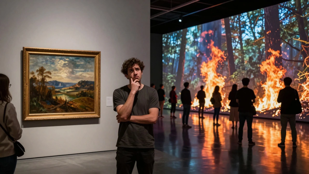 Viewers reacting to immersive video art in modern gallery