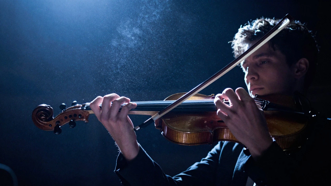 Violinist performing intensely in a spotlighted concert hall