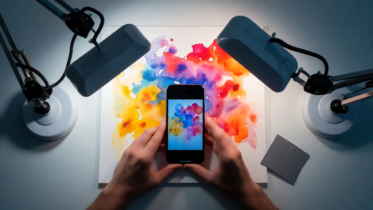 Artist using dual lamps to evenly light a watercolor for photography