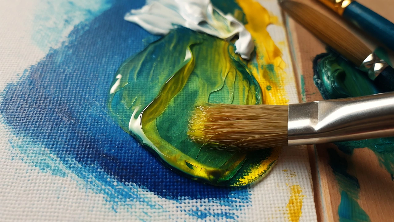 Close-up of a brush applying a yellow glaze over blue paint to create green