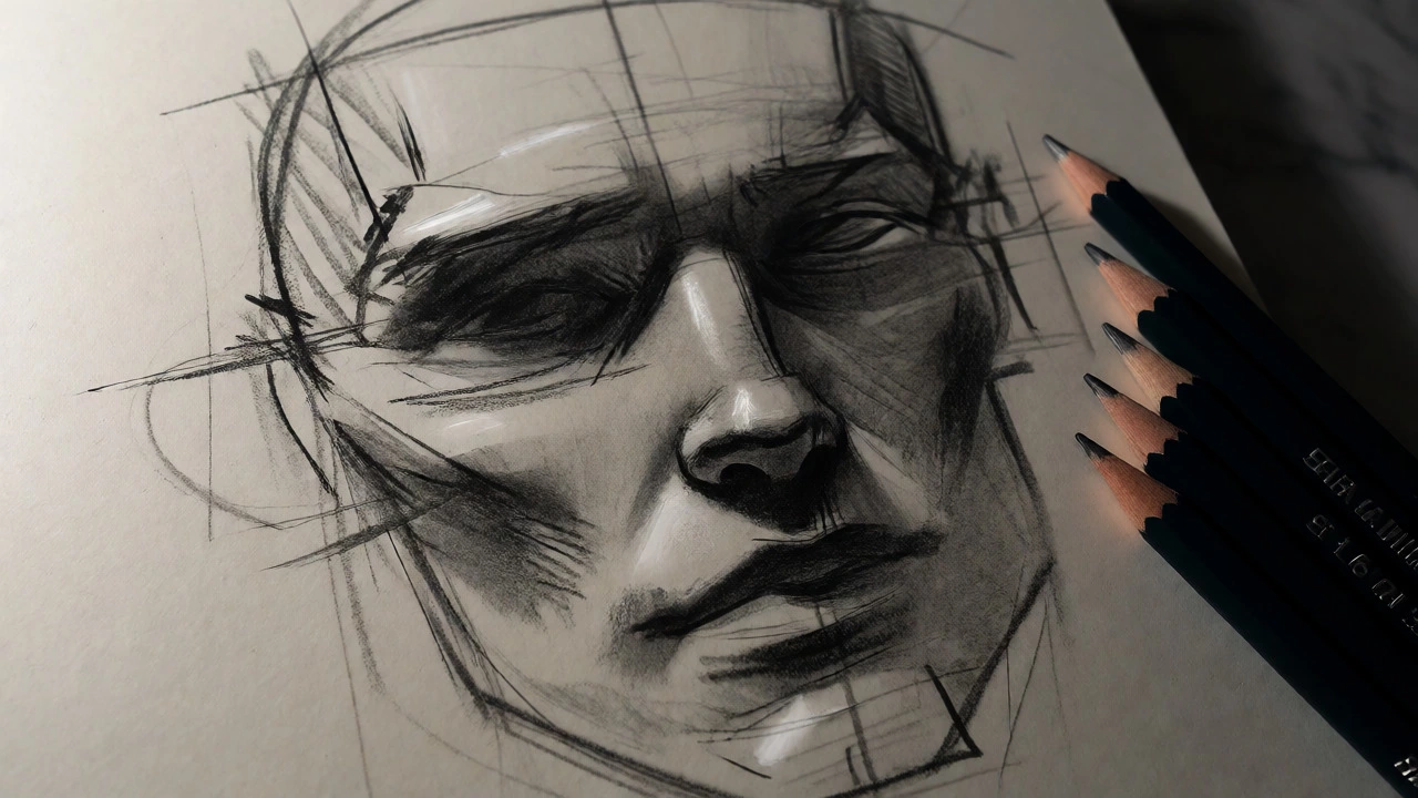 Close-up of a graphite portrait sketch with construction lines and shading.
