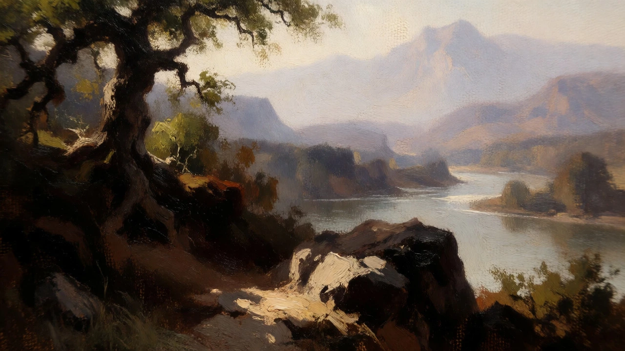 Close-up of a landscape painting showing atmospheric perspective and value contrast.