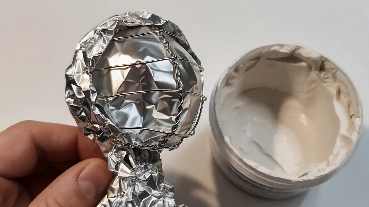 Close-up of aluminum foil wrapped around a wire core next to open air-dry clay.