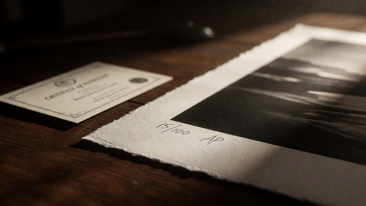 Close up of edition numbers and AP marking on fine art print margin