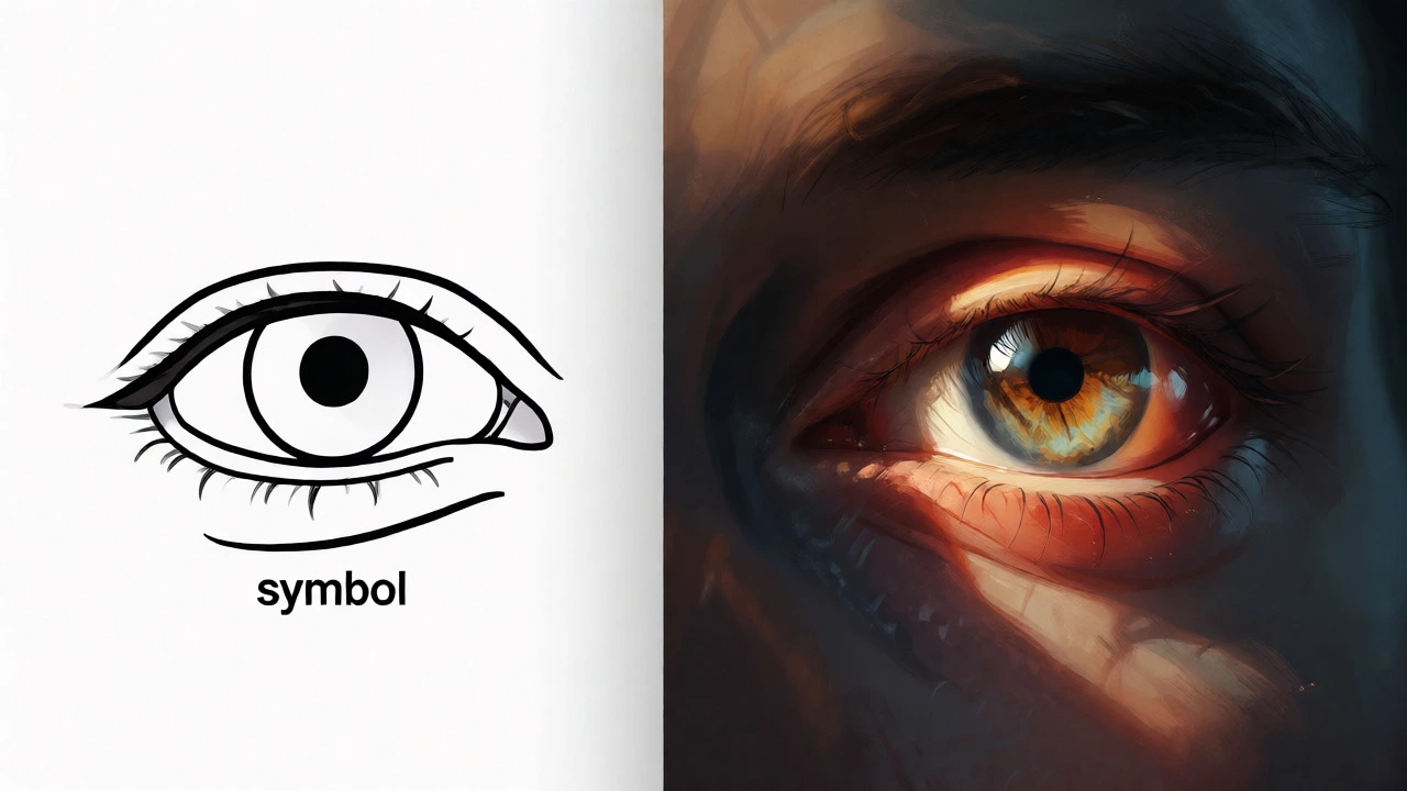 Comparison of a simple eye symbol versus a detailed realistic painted eye.