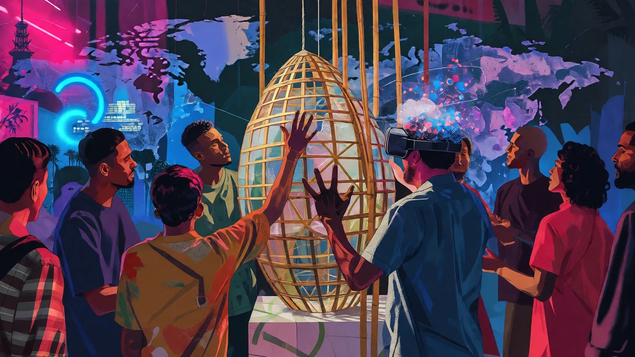 Diverse group interacting with mixed-media contemporary art installations globally.