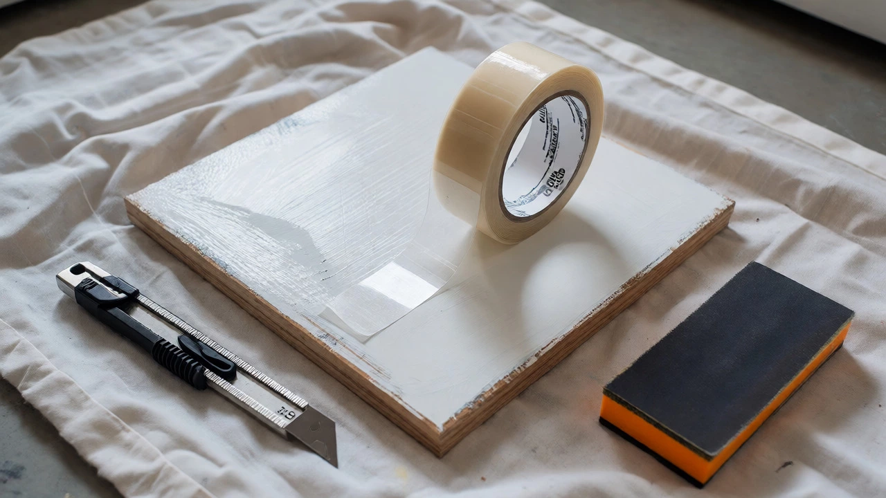 DIY workspace with tape adhesion test, sanding block, and utility knife on drop cloth.