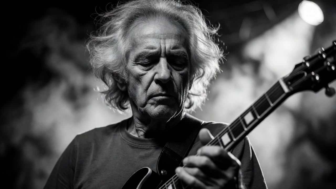 Elderly rocker playing electric guitar intensely in dramatic black and white lighting