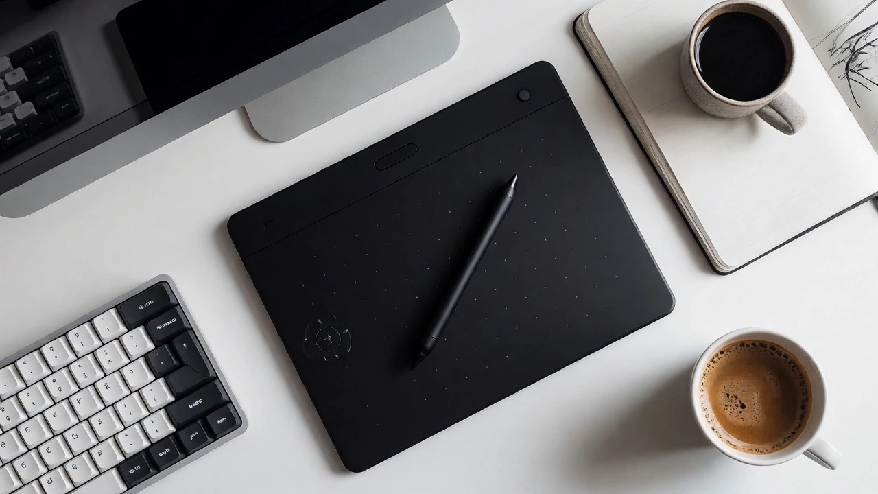 Flat lay of a non-screen pen tablet and accessories on a desk