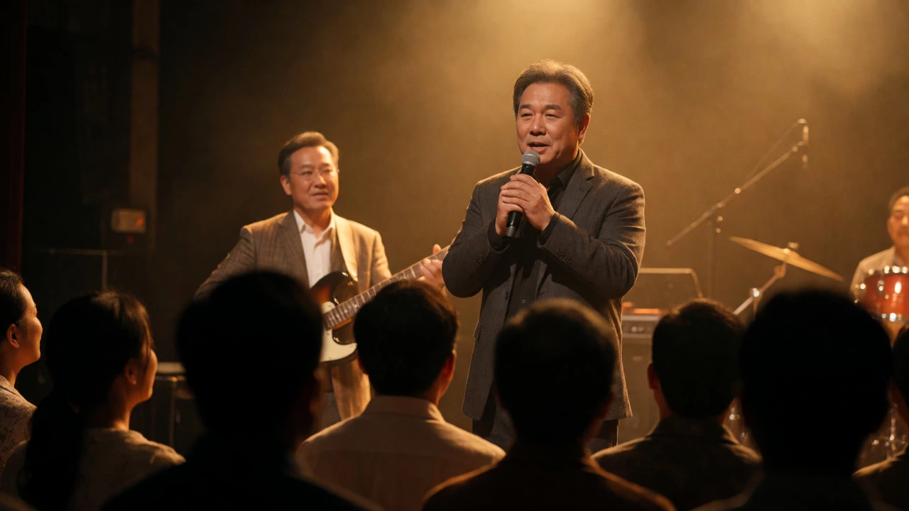 Lead singer addressing the audience on stage during a reflective concert moment