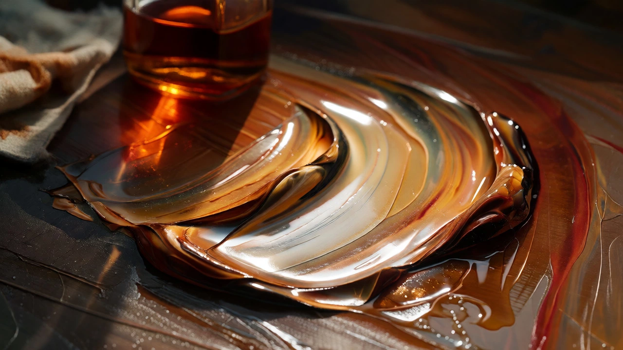 Macro shot of glossy, thick impasto highlights and glazes on a finished oil painting.