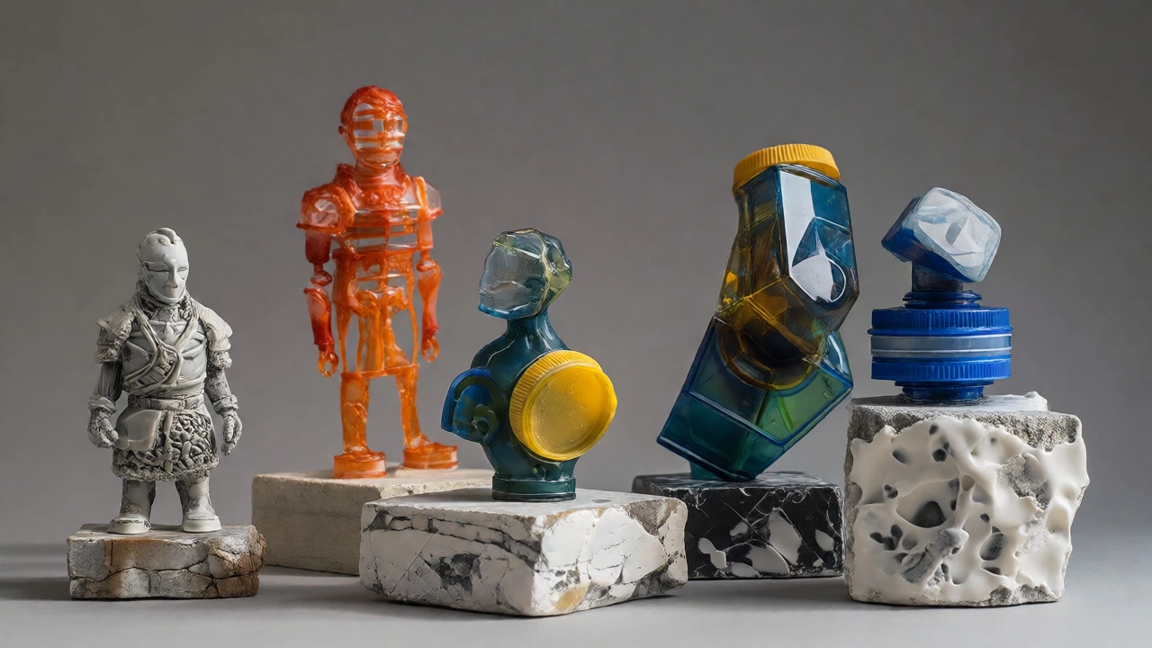 Miniature epoxy putty figures and melted plastic art pieces on display stands.